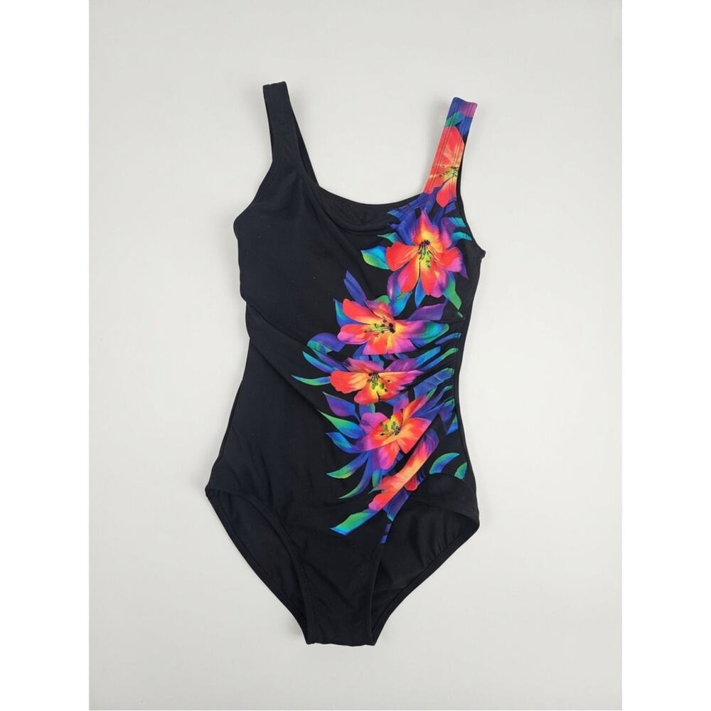 NEW Miraclesuit 8 Black One Piece Hibiscus Floral Swimsuit Underwire Slimming